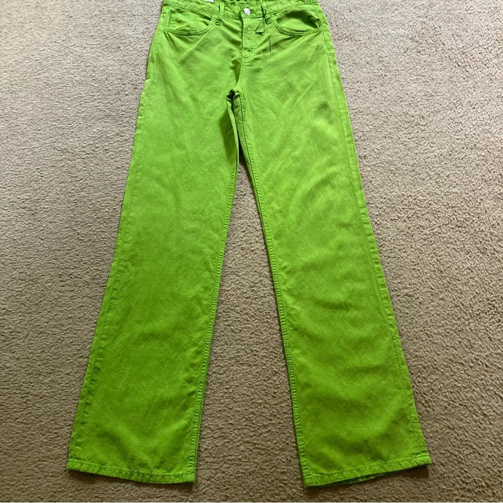 Zara Bright Green Linen Blend Mid Rise Full Length Wide Leg Pants, NWT Sz 4